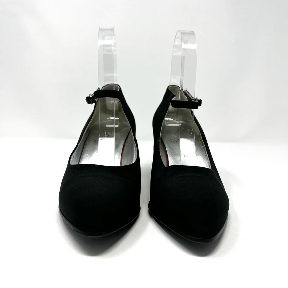 Chanel Black Satin Silver CC Logo Mary Jane Janes High Heels Pumps 37 6 6.5